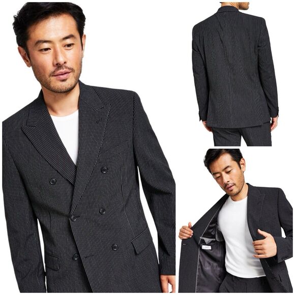 Alfani Men's Pinstripe Slim-Fit Double Breasted Suit Jacket Black White 44S - Picture 1 of 4
